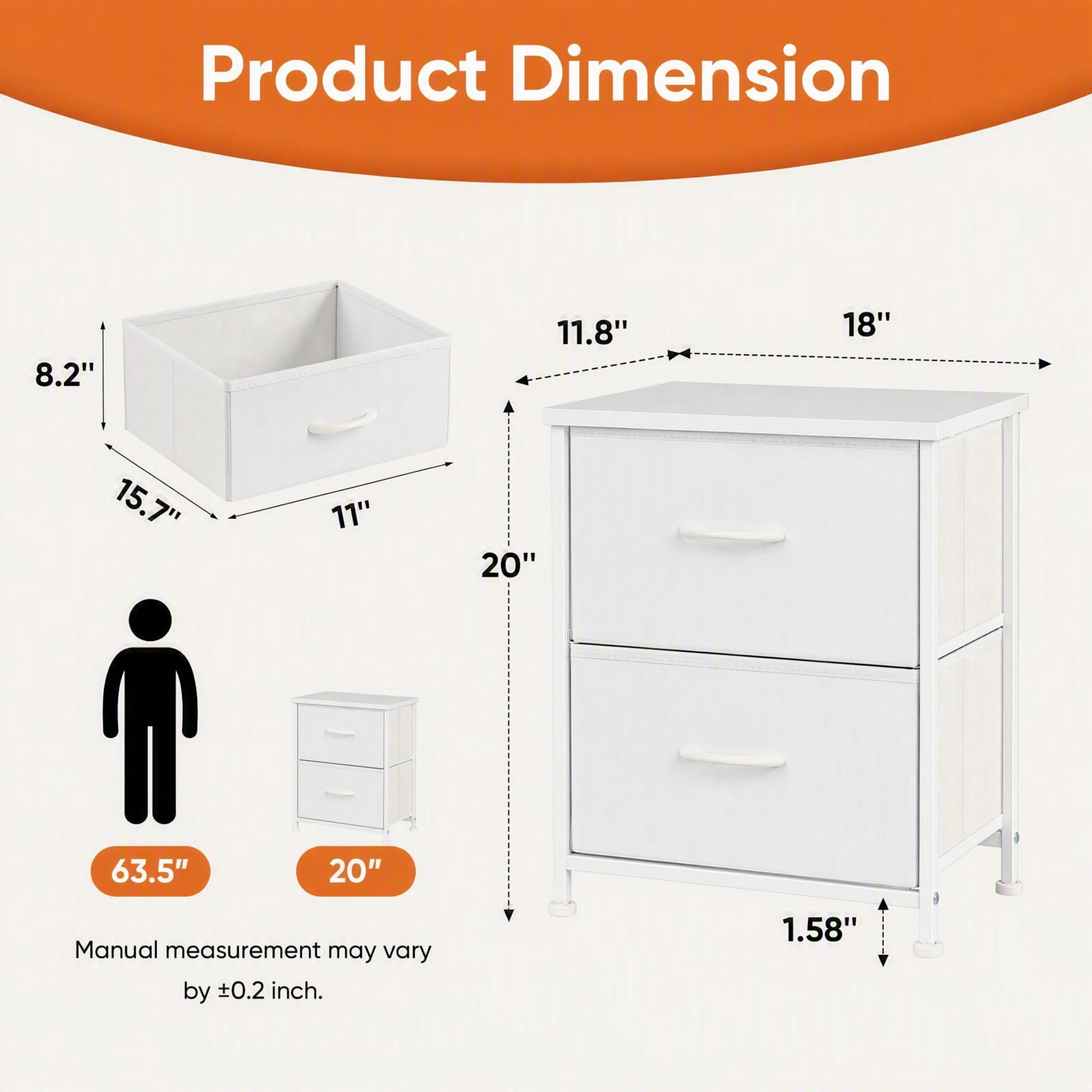 Telyra Fabric Nightstand with 2 Drawers 20" Bedside Table with Wood Top and Steel Frame Small Storage Organizer, White