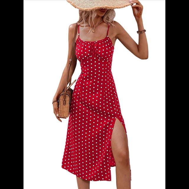 Vestido de Verano Floral para Mujer, Vestido Midi con Tirantes Finos y Espalda Descubierta, Vestido Bohemio para Vacaciones en la Playa. Rojo L