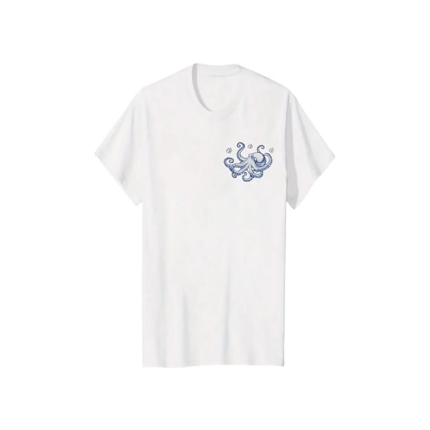 Women's Casual Short Sleeve T-Shirt - Dual-Sided octopus & Geometric Print, 180g 100% Cotton Breathable Crewneck Top, Relaxed Fit for Spring Summer Fall, Machine Washable, Seasonal Fashion, Playf