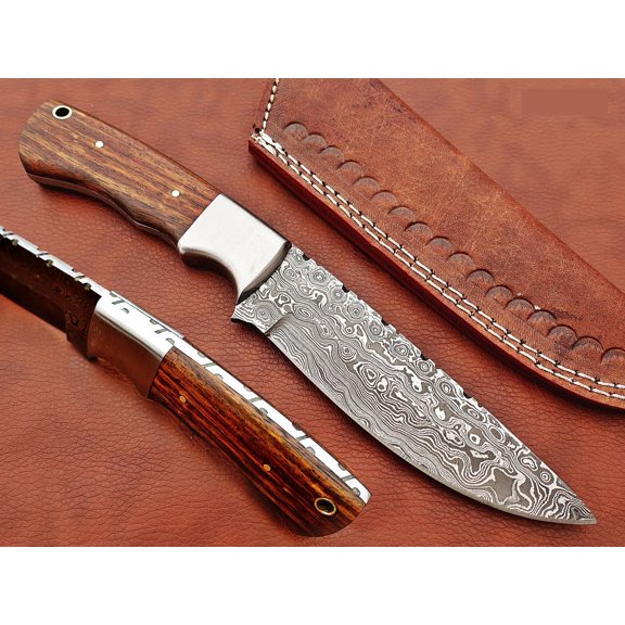 9.5" skinning knife, 5" full tang Rain drop pattern straight back Damascus steel blade, Natural Walnut wood scale with Steel bolster, includes Cow hide Leather sheath (Walnut Wood)