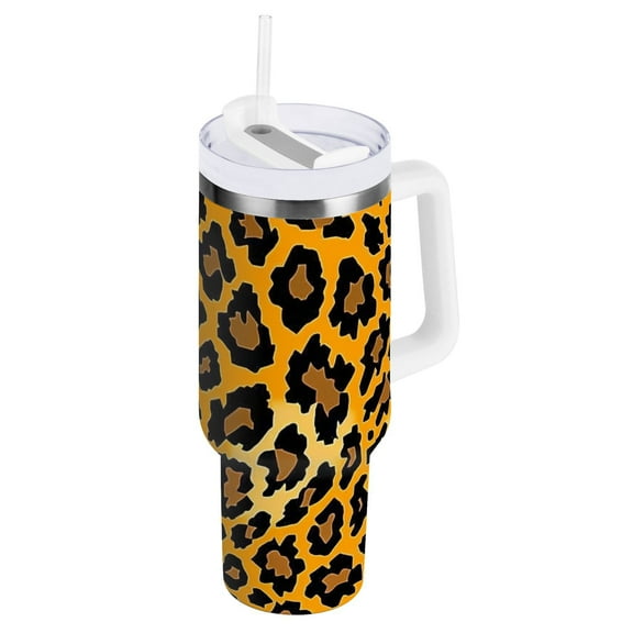 JSTEL Yellow Leopard Print Cheetah 40 oz Tumbler Stainless Steel Water Bottle Vacuum Insulated Cup with Straw Lid & Handle For Travel Car Cup Holder
