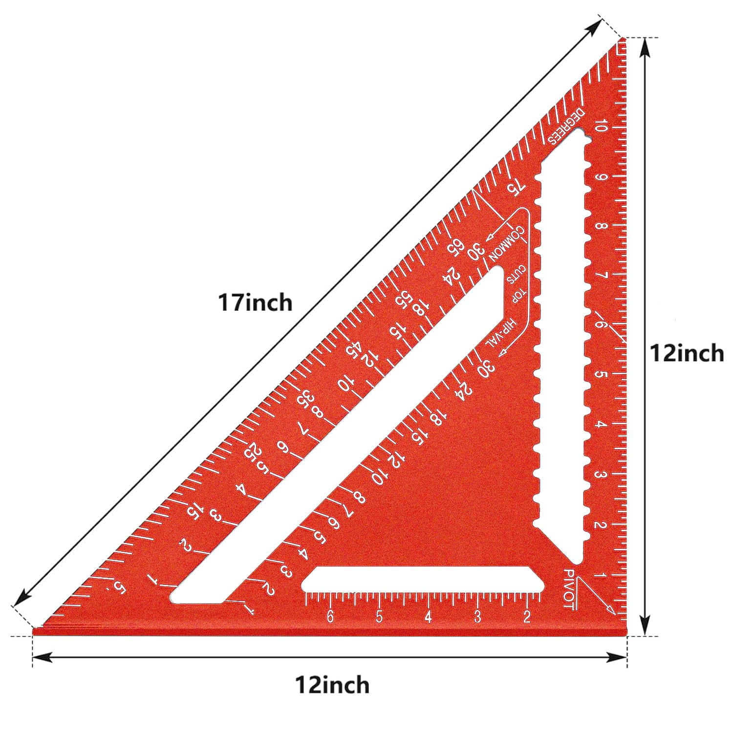 1 Piece 12 Inch Aluminum Alloy Triangular Ruler, Imperial Protractor for Woodworking, Red