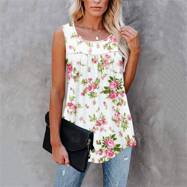Camiseta con estampado Floral para mujer, Top Sexy sin mangas, holgado, informal, plisado, 2022