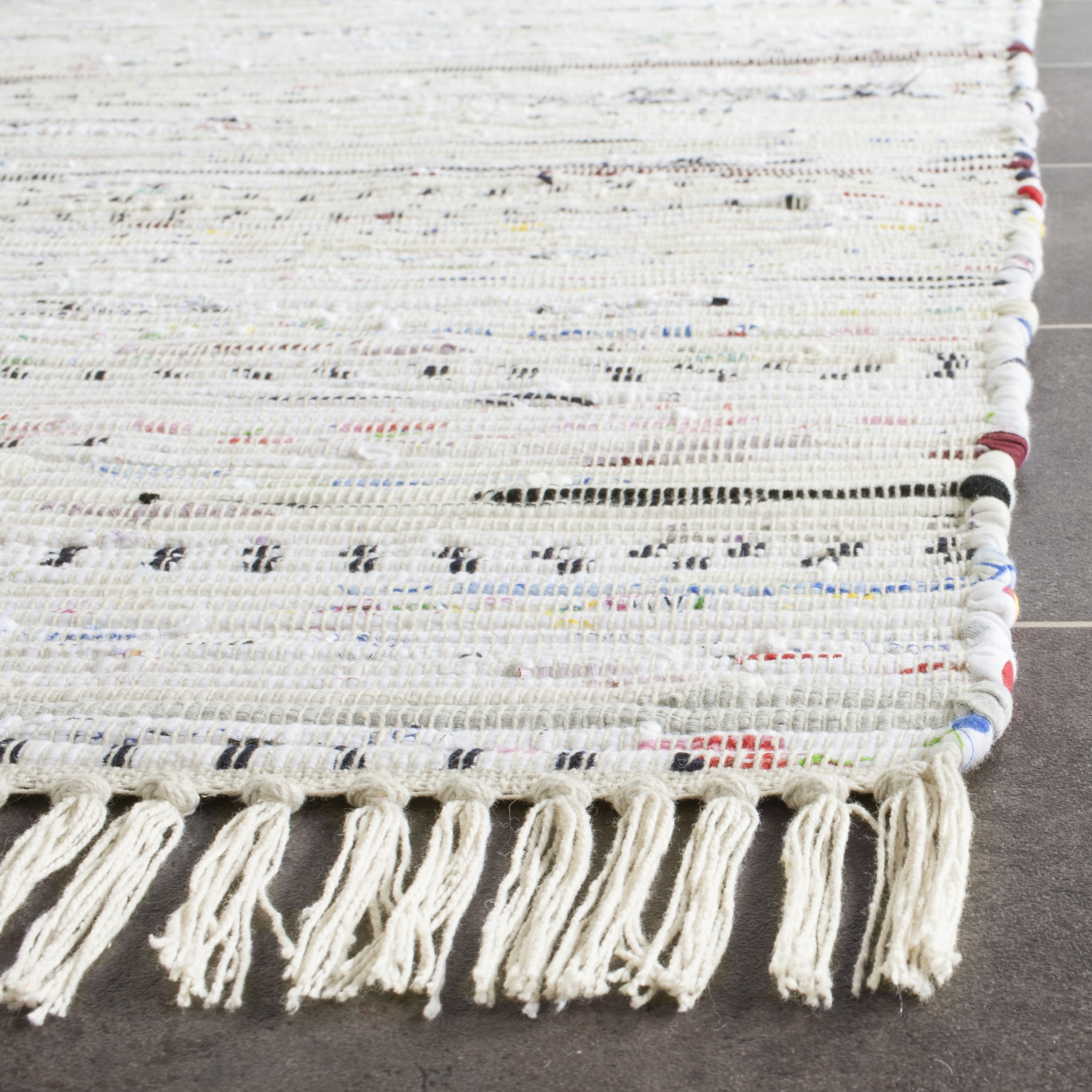 SAFAVIEH Rag Robynne Striped Cotton Runner Rug, Ivory/Multi, 2'3" x 18'
