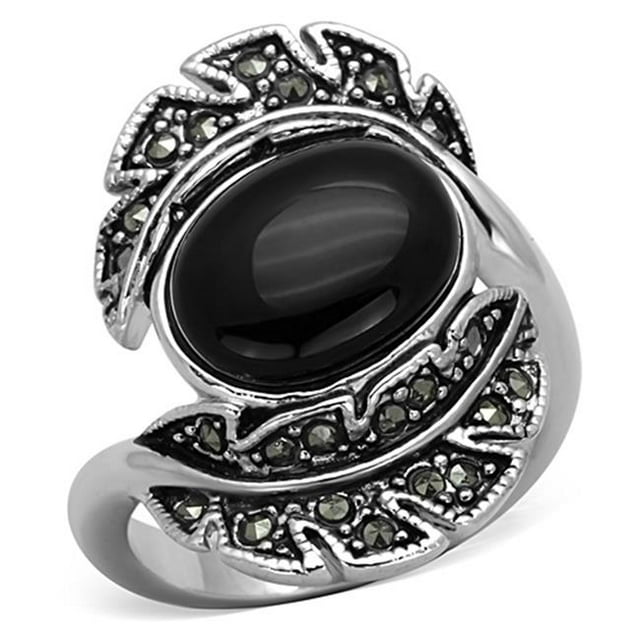 Women Rhodium Brass Ring with Synthetic in Jet - Size 8