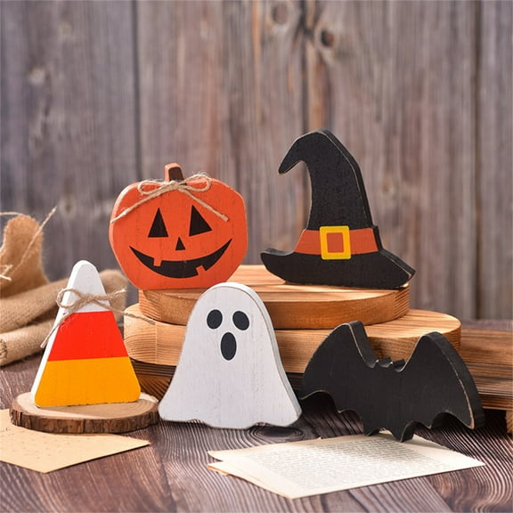 Halloween Decorations Indoor Wooden Ghost Sign,Wooden Pumpkin Bat Witch Hat Candy & Tabletop Decorations for Home Party,Ghost Theme Table Centerpieces for Home Shelf Photo Prop Display