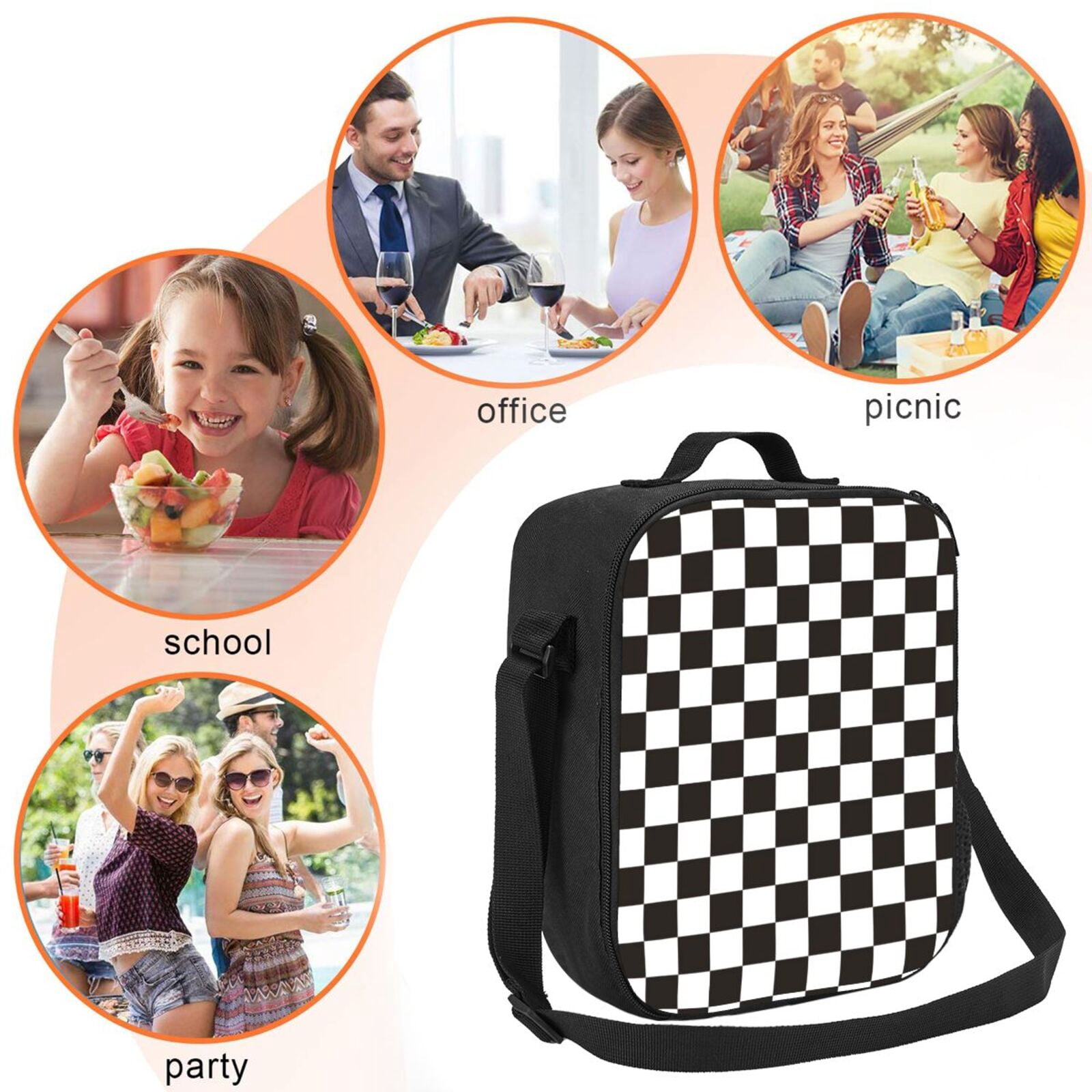 Defioc Black and White Checkerboard Print Lunch Box for Men & Women, Insulated Lunch Bag Thickened Thermal Leakproof Lunch Tote Bag for Adult Office Travel Picnic