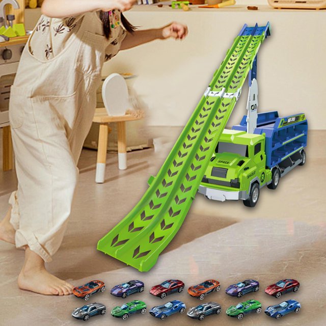 Juguete de camión Big Hauler, juguete de camión transportador de coche, deformación divertida con pista de carreras, juguete de camión plegable para verde