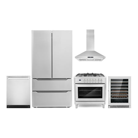 Cosmo 5 Piece Kitchen Appliance Packages with 36  220/240V Dual Fuel Range 36  Island Range Hood 24  Built-in Fully Integrated Dishwasher French Door Refrigerator & 48 Bottle Wine Refrigerator