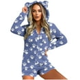 thumbnail image 1 of Mono cálido con capucha y orejas para mujer, estampado de manga larga, pantalones cortos, mono corto con cremallera, bolsillo, ropa de dormir, ropa de casa, tops de poliéster para mujer, 1 of 5