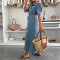 thumbnail image 3 of Women Puff Short Sleeve Denim Midi Dress Belted Button Down Dress for Spring Summer Daily Casual, 3 of 6