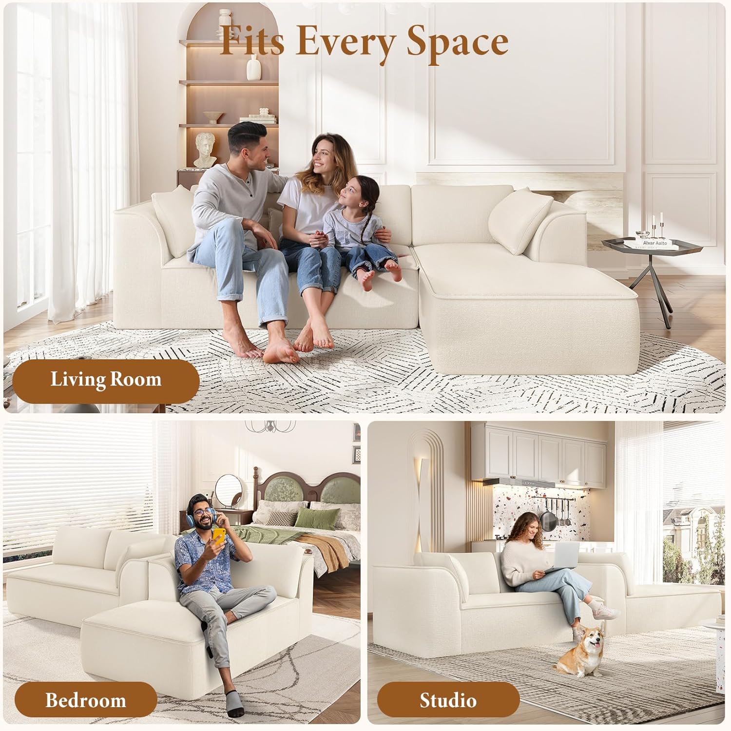 Neche 106" Cloud Sectional Couch with Chaise, Deep Seat Modular Sectional Sofa Chenille Memory Foam Sofa Boneless Couches for Living Room Bedroom, No Assembly Required (Beige, Right-Facing Chaise)