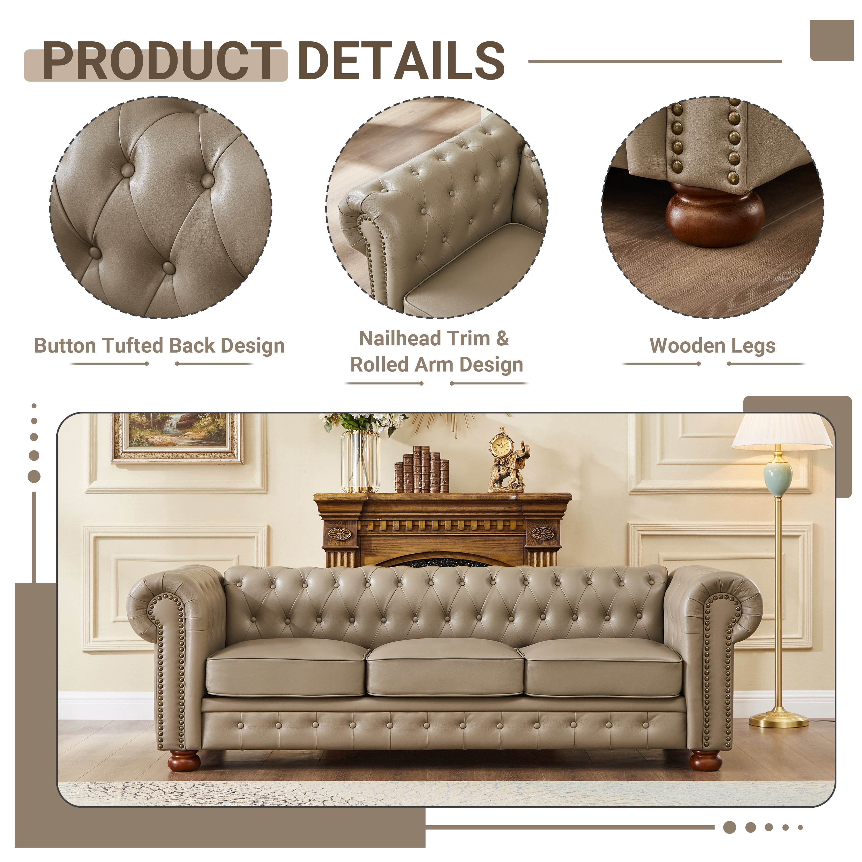 Noodeniya Chesterfield Sofa with Rolled Arms, Upholstered Sofa Padded Seat, Button Tufted Sofa with Nailhead Trim and Backrest, Faux Leather Couch, Khaki