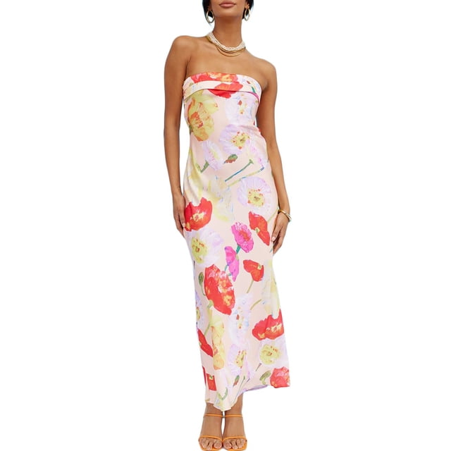 Vestido largo Realtix con estampado de satén de verano sin espalda para mujer