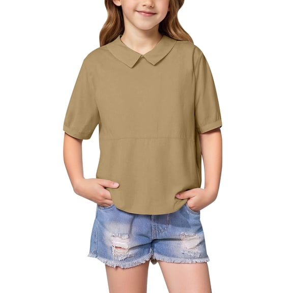 Ruyang Teen Girls Cotton Linen Short Sleeve Lapel Solid Baggy T Shirts Summer Lightweight Breathable Workout Tee Tops