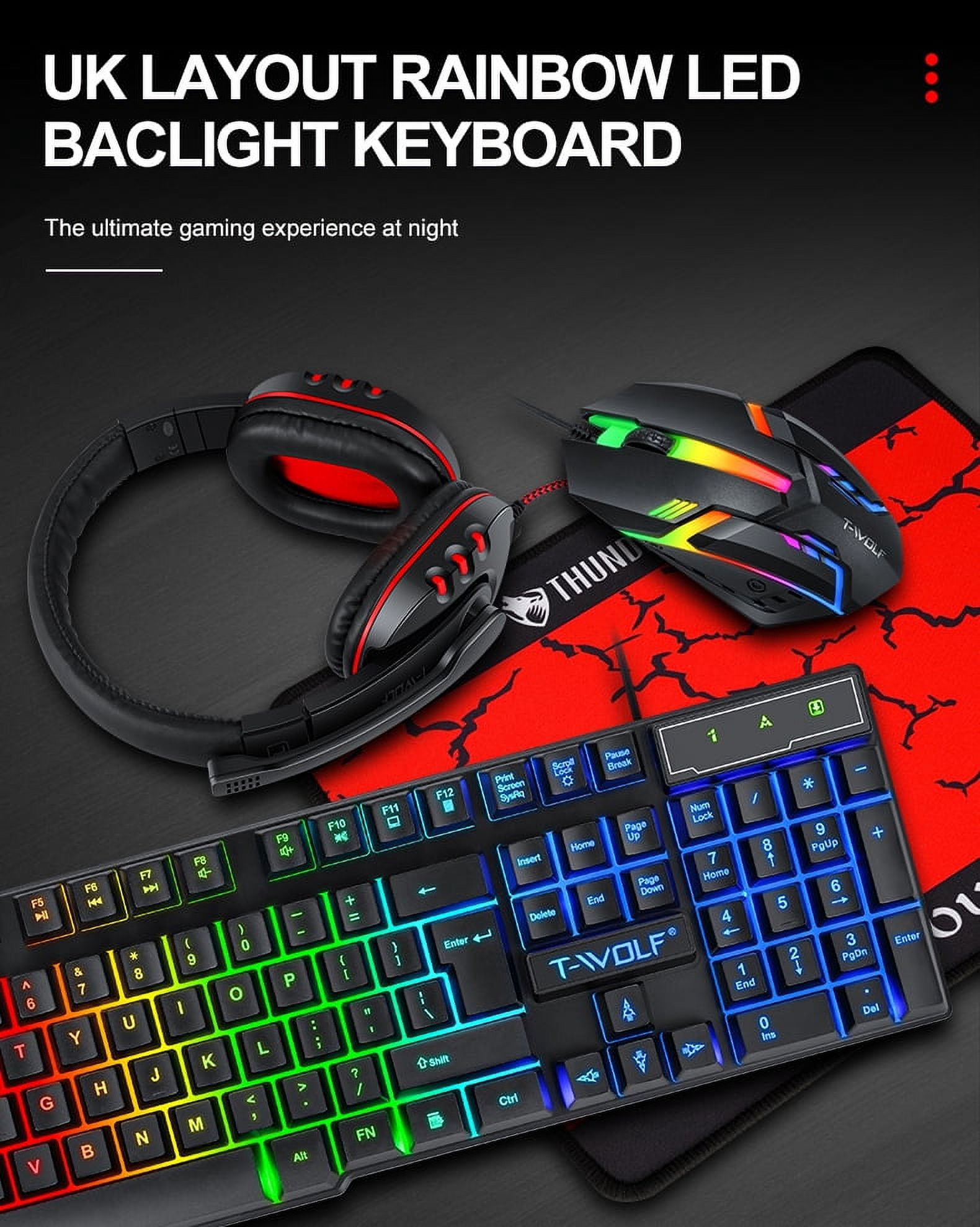 Gaming Keyboard and Mouse Combo with Headset, RGB Rainbow Backlit 104 Keys USB Wired Keyboard Mechanical Feeling, Gaming Headset with Microphone, Large Mouse Pad, for Computer Gamer Office