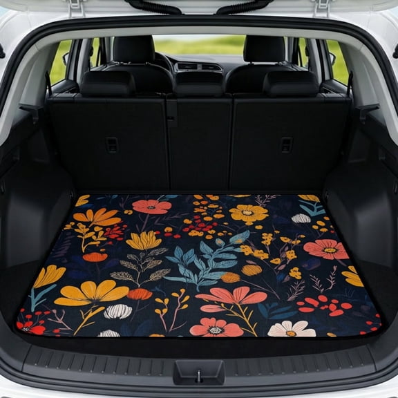 XYZCANDO Vintage Floral Car Trunk Mat 29" x 39", All-Weather Waterproof Cargo Liner with Non-Slip Backing, Easy-Clean Stitched Edge Protector for SUVs, Sedans and Trucks