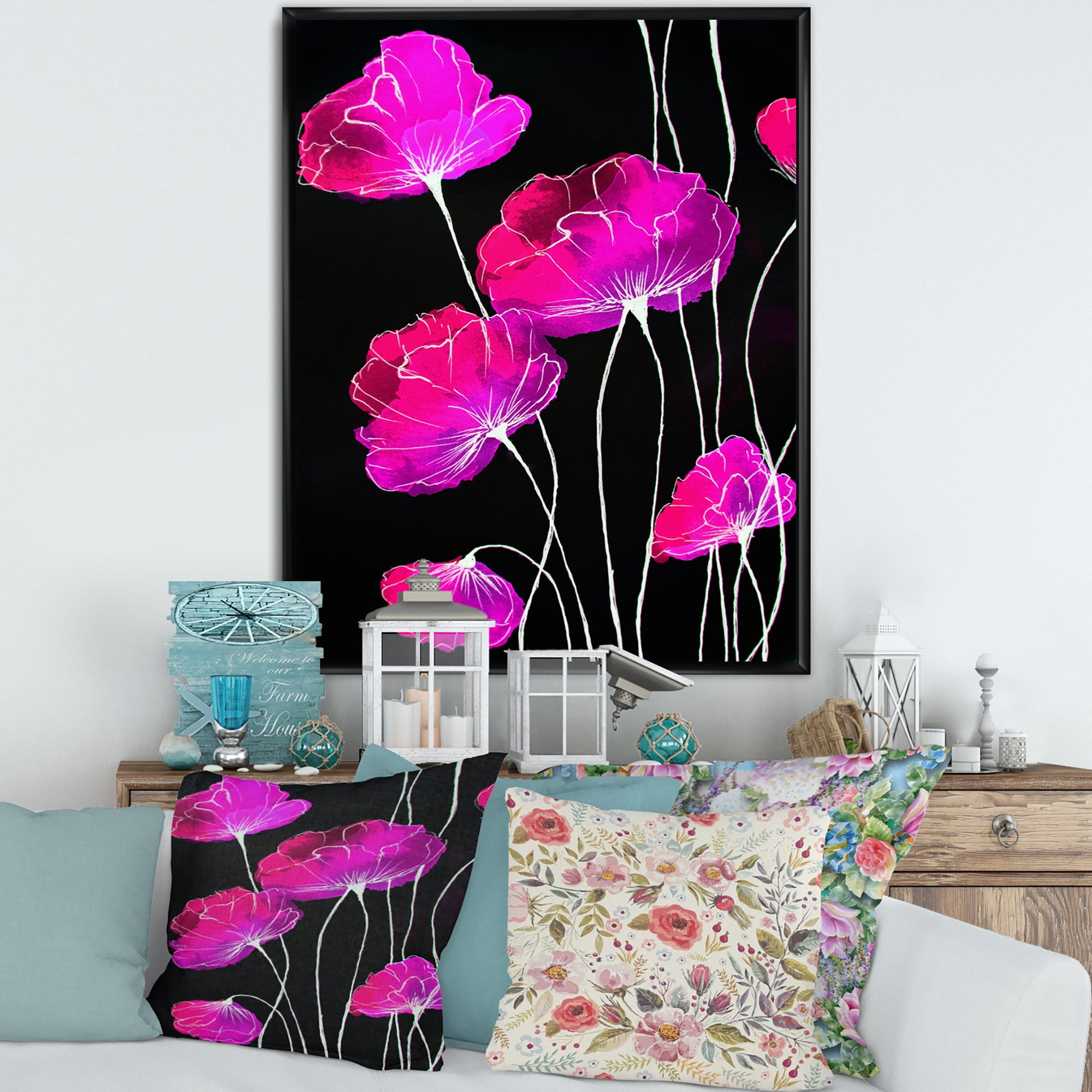 Designart 'Abstract Red Flower Detail On Black Background I' Traditional Framed Canvas Wall Art Print
