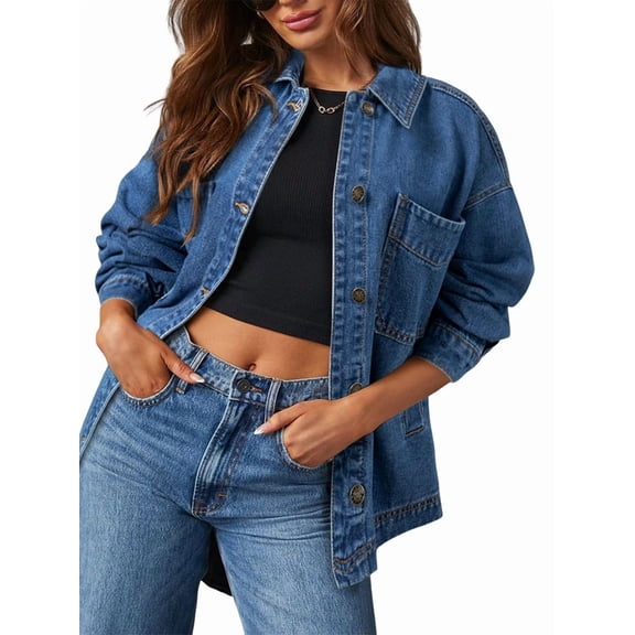 Jean Jacket for Women Distressed Long Sleeve Oversized Denim Trucker Jackets Coat Royal Blue XXL