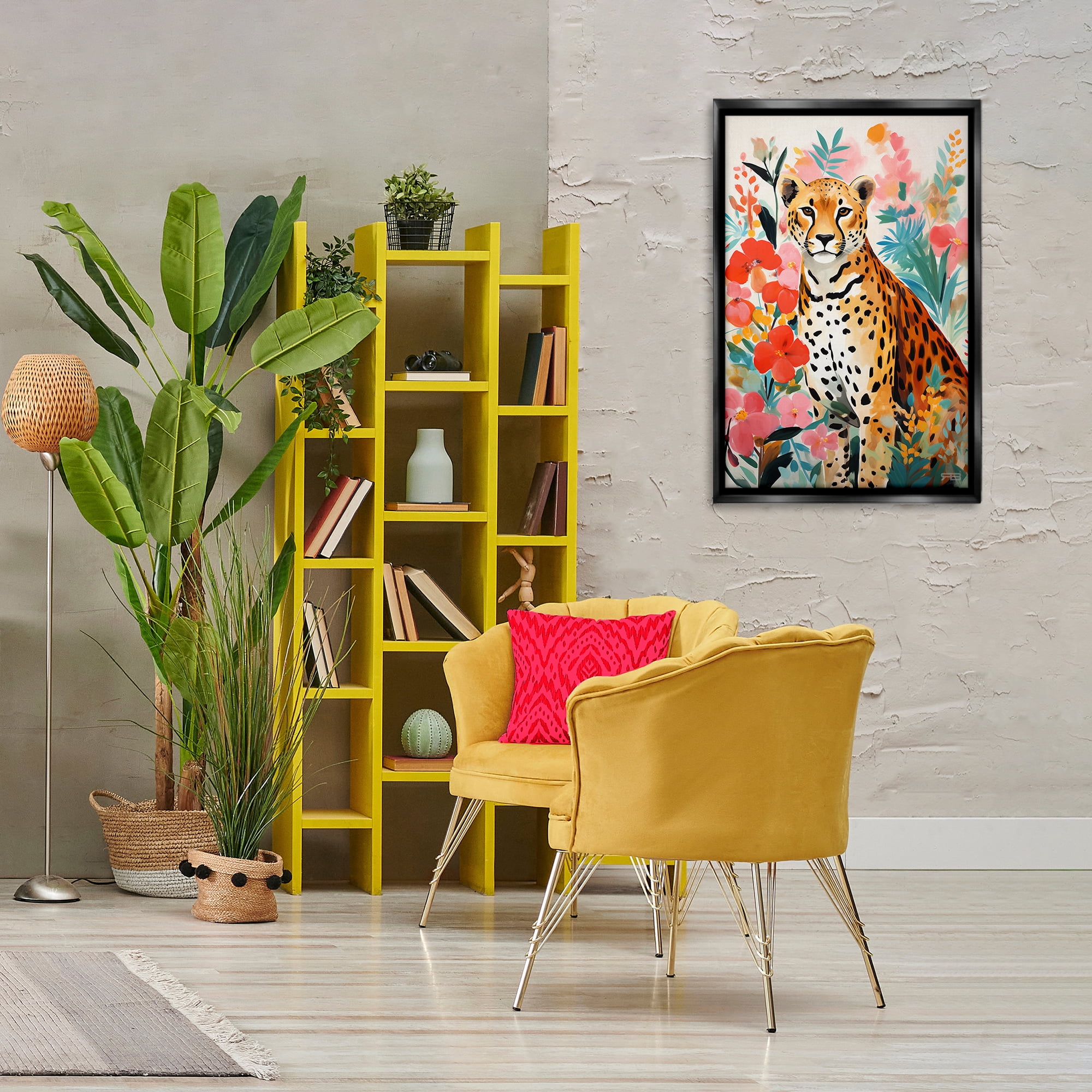 Stupell Industries Floral Adorned Leopard Animals & Insects Painting Black Floater Framed Canvas Art Print Wall Art, 21 x 31