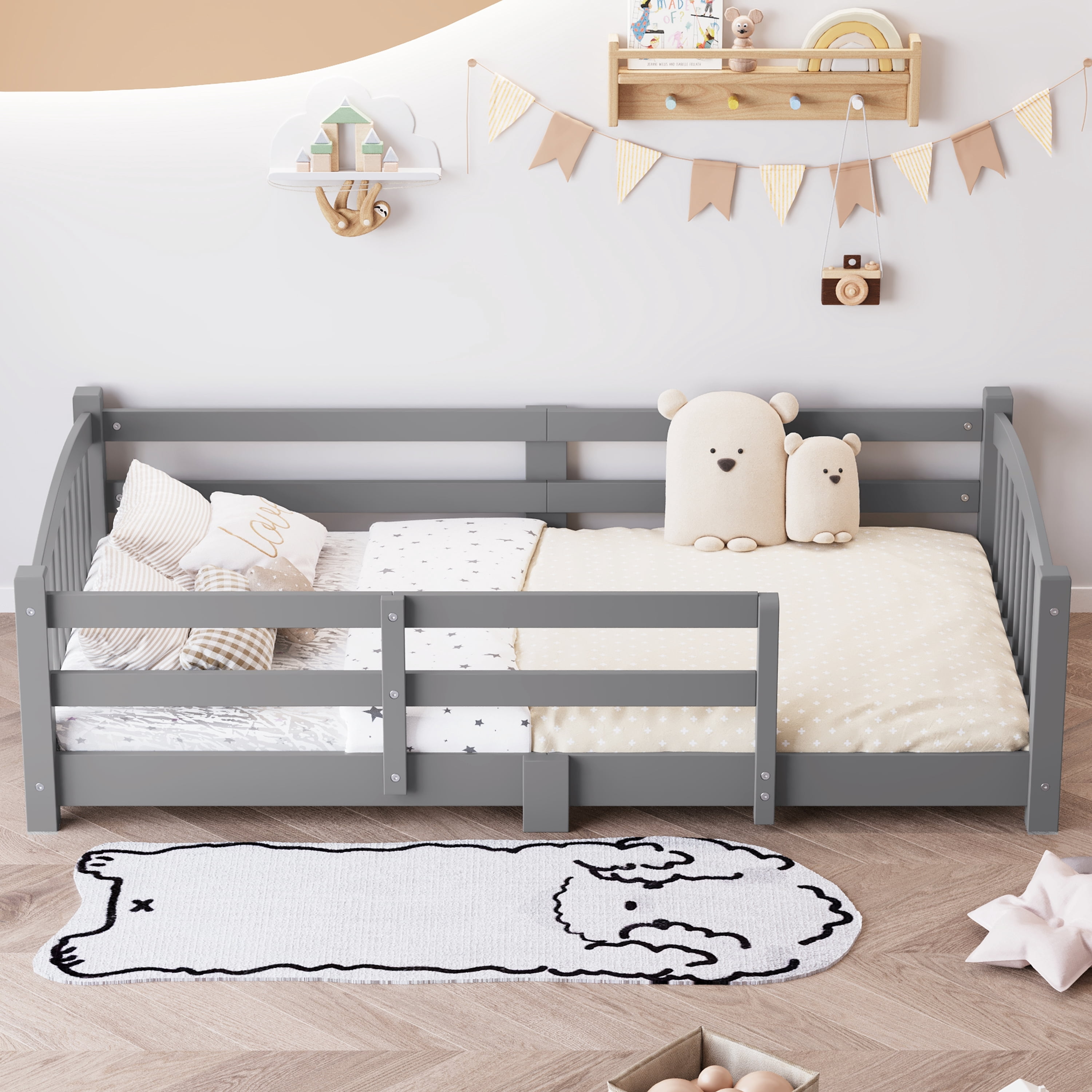 MODERNLUXE Twin Floor Bed with Slats and Safety Guardrails, Montessori Floor Bed with Fence and 1 Opening,Solid Wood Twin Size Bed Frame for Girls and Boys, Gray
