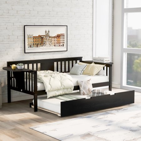 Twin Daybed with Trundle Wood Day Bed for Living Room Bedroom Wooden Sofa Beds for Kids Guests Sleepovers (Espresso Trundle daybed)