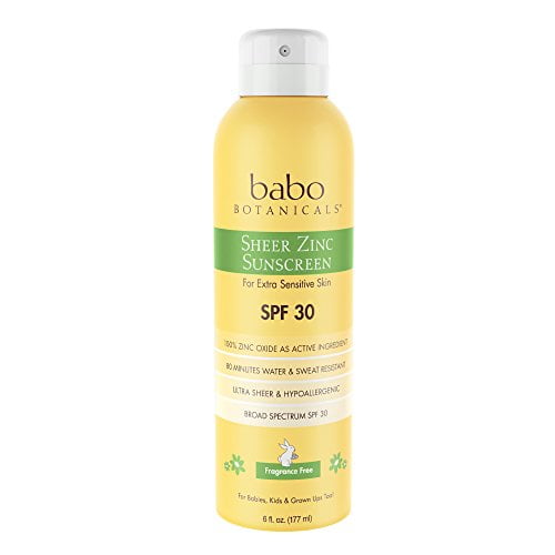 Babo Botanicals Sheer Zinc SPF 30 Natural Continuous Spray Fragrance Free Sunscreen for Sensitive Skin, Yellow