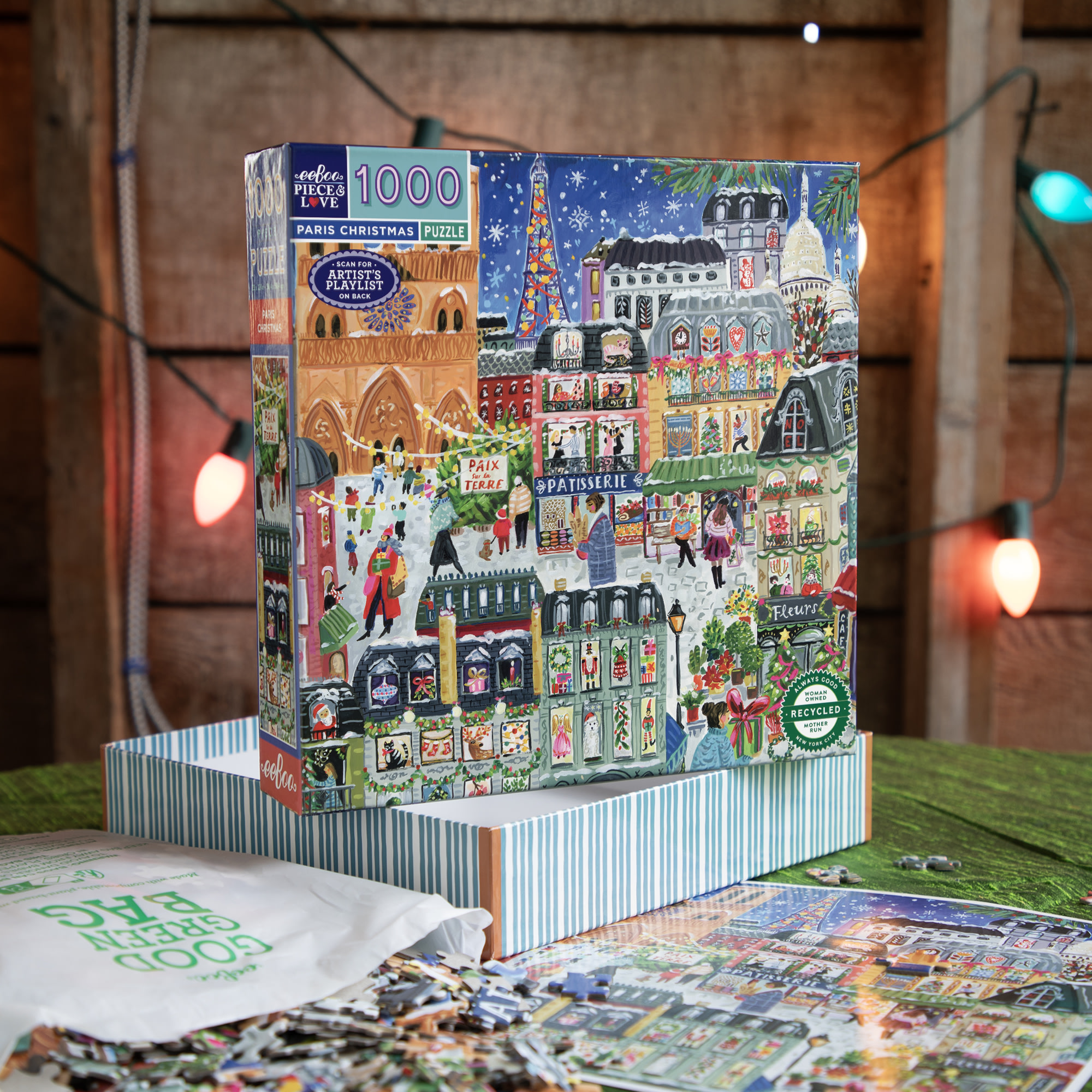 eeBoo Piece & Love: Paris Christmas - 1000 Piece Puzzle - 23" Adult Jigsaw, Jennifer Orkin Lewis’ Festive City of Lights Holiday Scene, Eco-Friendly