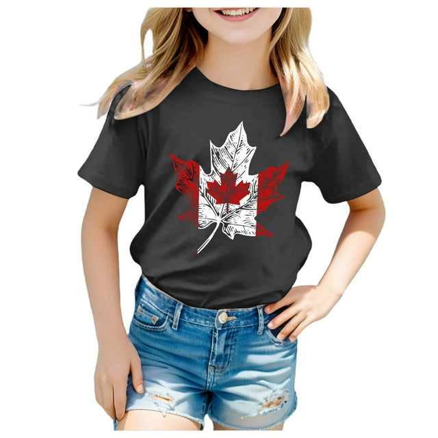 GDREDA Canada Shirts Flag Print Girls Short Sleeve Tee Summer Crewneck T Shirt Casual Fit Basic Shirts