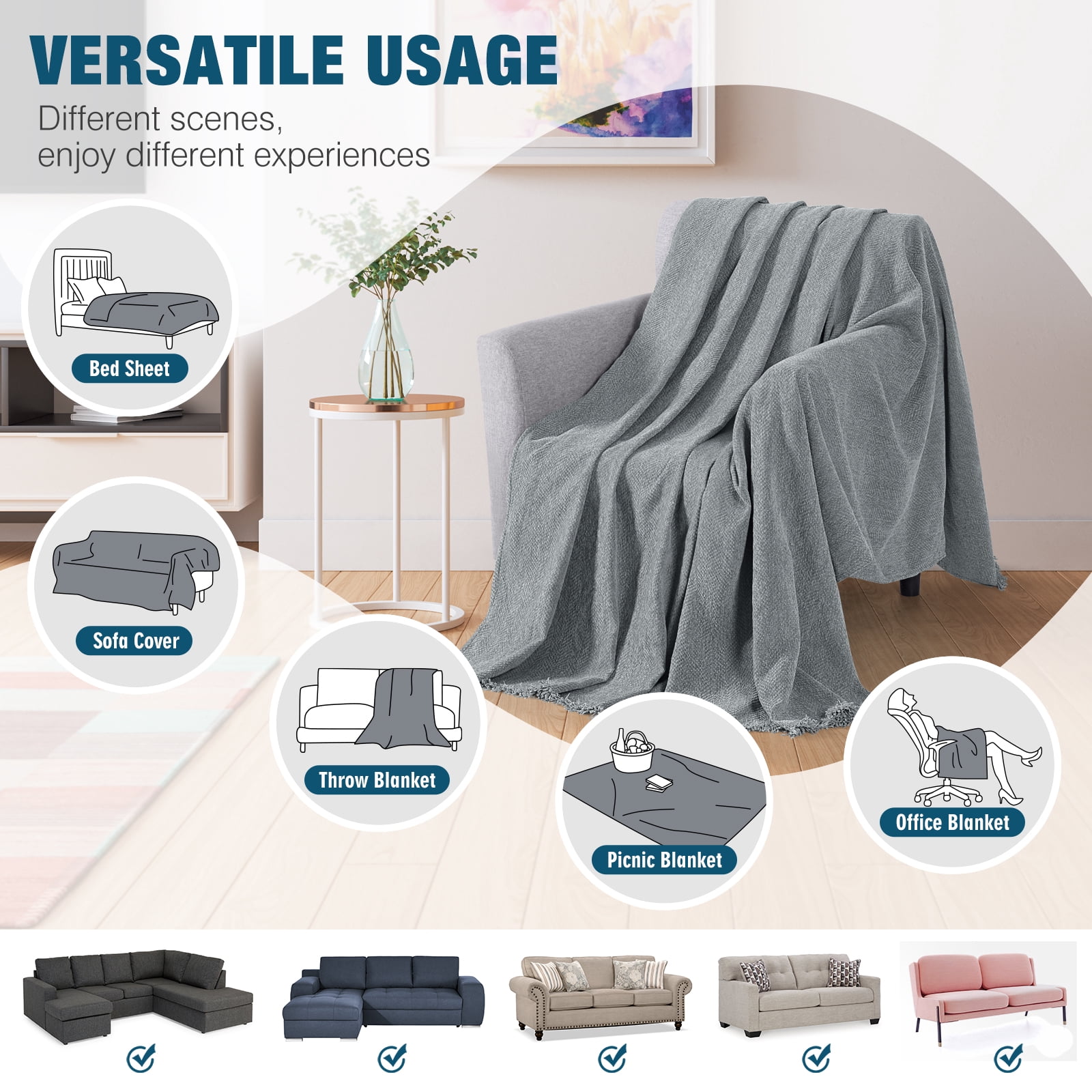 Timeles Couch Covers Washable Sofa Slipcovers with Tassels Sofa Blanket Soft Armchair Cover Durable Furniture Protector for Kids Pets (71" x 71", Grey)