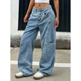 thumbnail image 3 of Women's Baggy Wide-Leg Jeans, High - Waisted Loose Fit Retro Streetwear Trend Cotton Denim Fabric Patchwork Design Vintage Blue Casual Fashion Pants for Daily Street Style, 3 of 6
