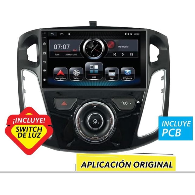 auto estereo tipo original para ford focus sedan 2012-2016 pantalla multimedia 9 pulgadas negro, vista frontal centrada con interfaz táctil que muestra reloj digital, GPS, WiFi, Bluetooth y accesos a apps; carcasa tipo original con control central y ranuras para perillas. No incluye CANBUS para controles al volante ni contraarnés (se venden aparte). Suele usarse como reemplazo de la unidad principal para mejorar conectividad en el vehículo.