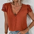 thumbnail image 6 of XFLWAM Womens Summer V Neck Lace Trim Button Tunic Tops Casual Lace Short Sleeve Swiss Dot Blouses T Shirts Orange M, 6 of 8