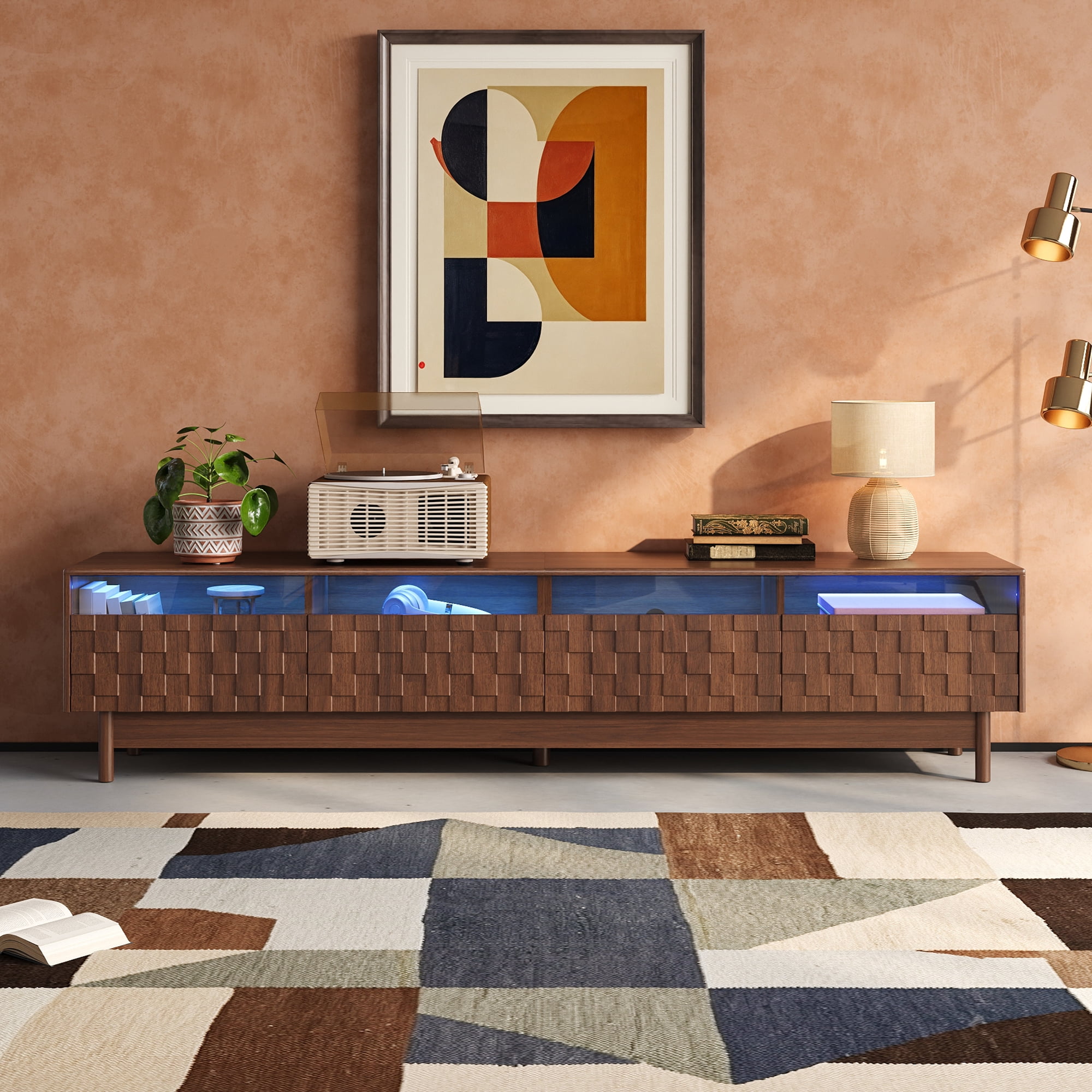 TV Stand for TVs up to 85 Inch, Entertainment Center with LED Lights & Glass Drawers, Media Console with Solid Wood Legs for Living Room