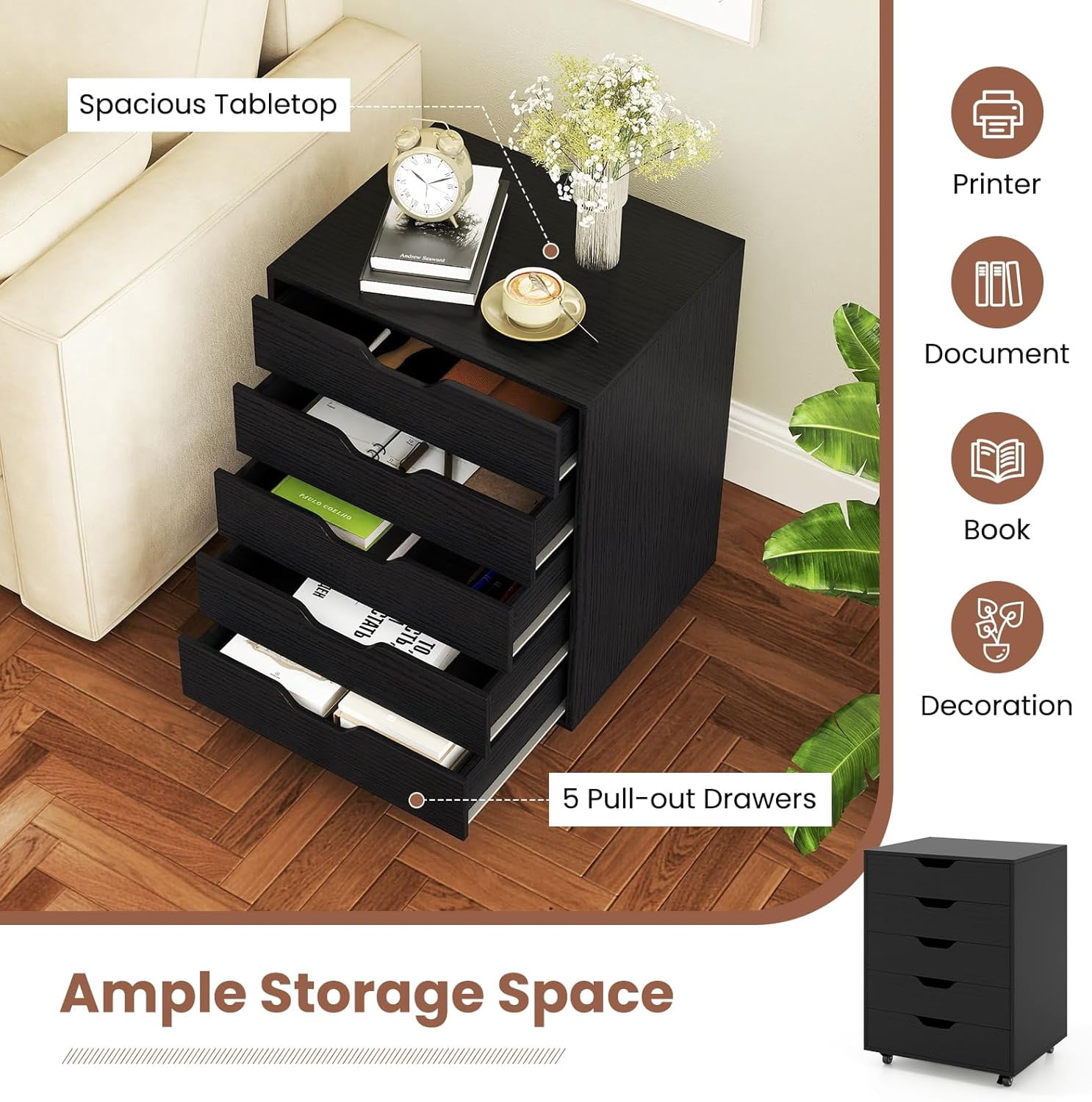 POWERSTONE 5 Drawers Chest Wood Storage Cabinets with Locking Wheels Filing Cabinet Under Desk Storage for Office Home, Black