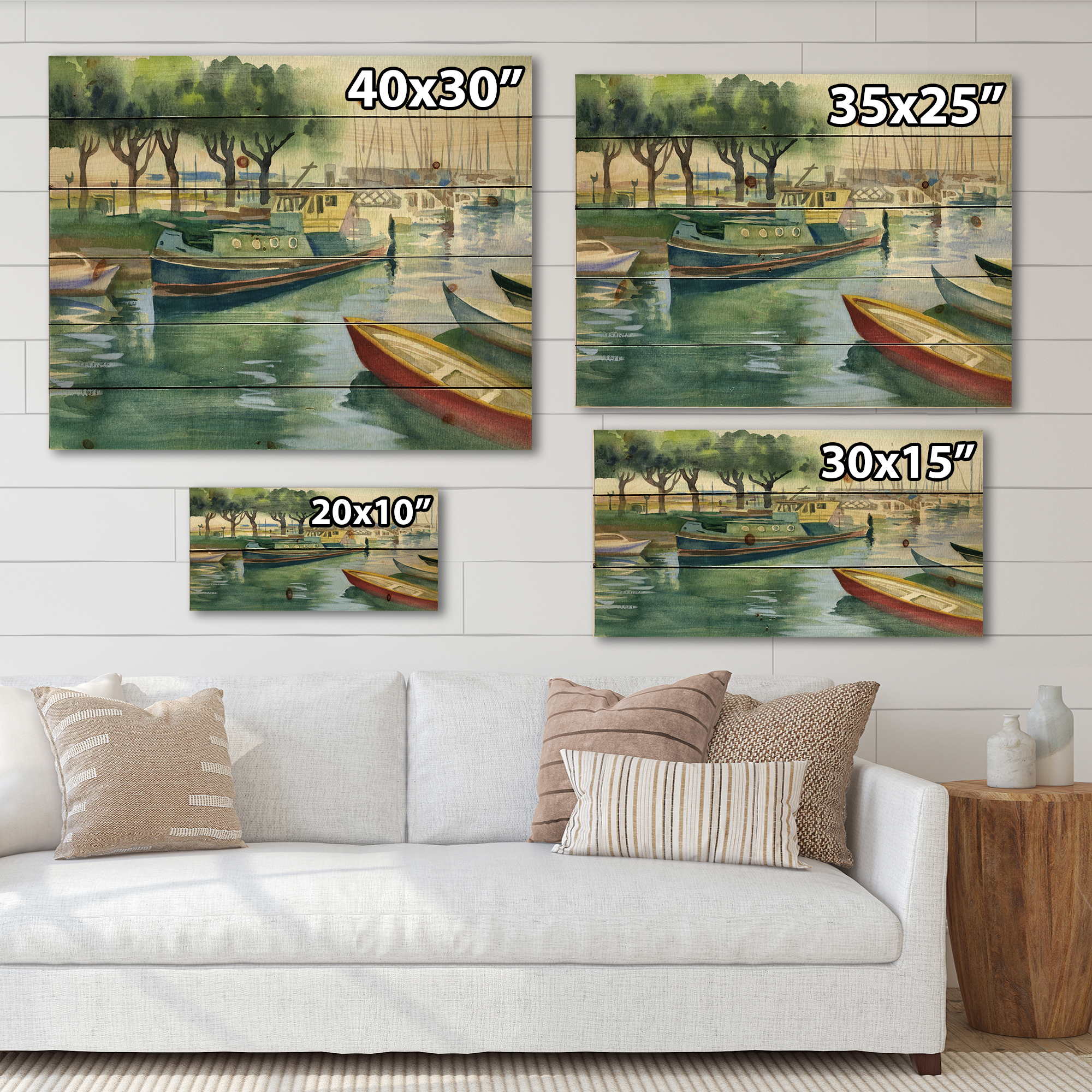 Designart 'Boats At The Lake in Green Spring' Traditional Print on Natural Pine Wood