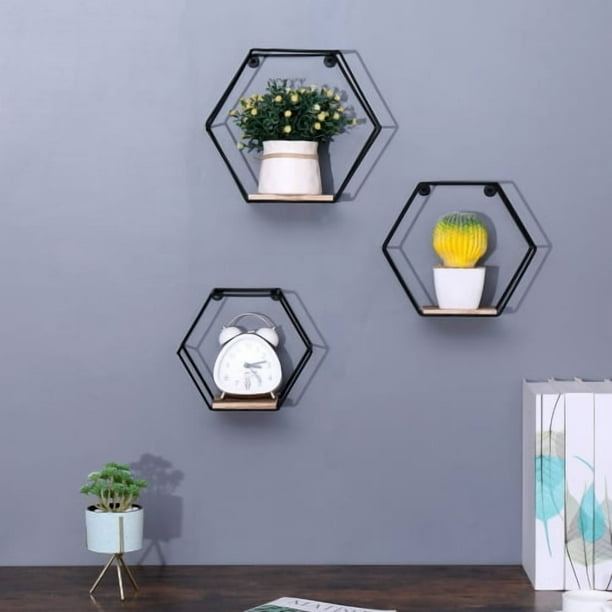 Soporte flotante hexagonal montado en la pared, juego de tres piezas negras, soporte de pared metálica moderno
