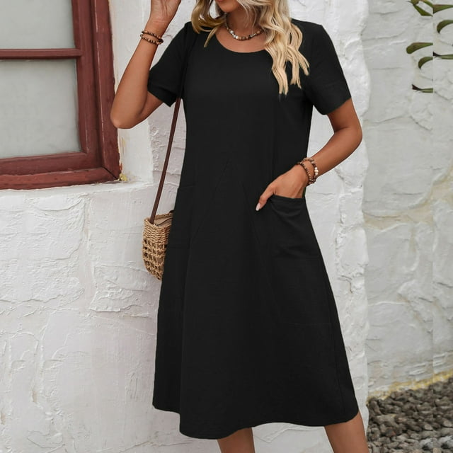 SMihono Robe d'Été Grande Taille pour Femmes 2023 à Manches Courtes, Couleur Unie, Coupe Ample, Robe T-shirt à Col Rond