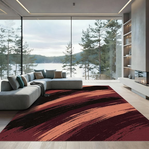 ODIKA 4'x6' Machine Washable Non-Slip Area Rug, Abstract Burgundy High Traffic Rug, Red, 966558