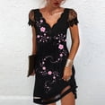 thumbnail image 2 of EQWLJWE Robes pour Femmes Robes pour Femmes Mode 2023 Femmes Décontracté Col en V Imprimé Ample Dentelle Couture Manches Courtes Robe Jupe, 2 of 5