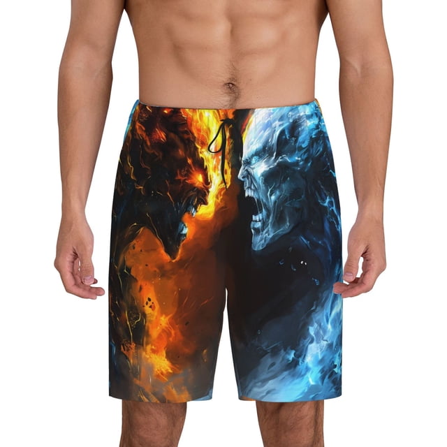 Fotbe Red And Blue Fire Skull Warrior Pantalones Cortos de Pijama para Hombre, Ropa de Dormir, Pantalones de Pijama Cortos para Hombre-XX-Large