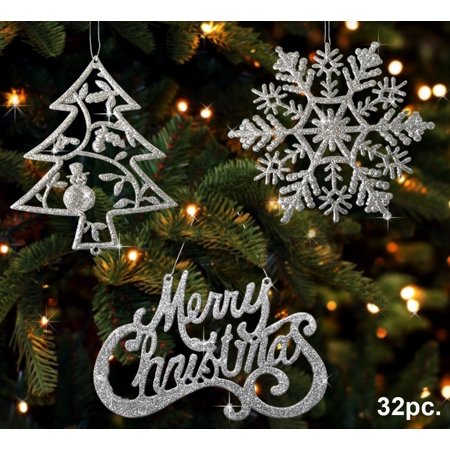 Silver Snowflake Ornament Christmas Ornaments - Set of 32 Silver Glitter Ornaments - Silver Trees, Silver Snowflakes and Silver Merry Christmas Signs - Christmas Decorations By Banberry Designs Ship from US ()