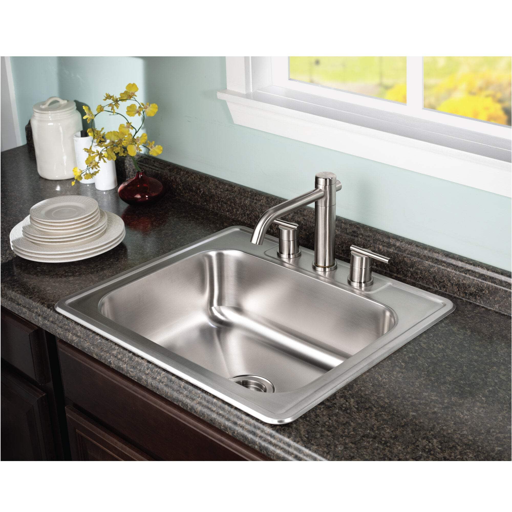 Houzer Glowtone 25 inch Stainless Steel Drop-in Topmount 3-hole Single Bowl 8 inch Deep Kitchen Sink - 2522-8BS3-1