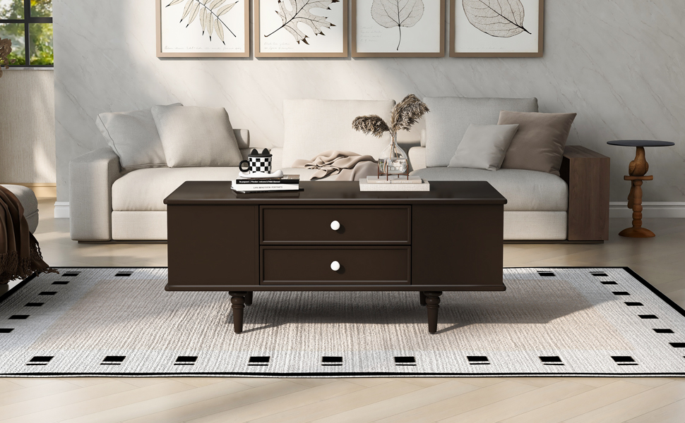 Euroco Modern Multifunctional Coffee Table with 4 Drawers, Hidden Storage Compartments & Side Shelves, Wood Legs, Easy Assembly