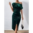 thumbnail image 6 of Women'S Off the Shoulder Asymmetrical Velvet Midi Dress Short Sleeve Ruched Elegant Party Dresses Green L, 6 of 8