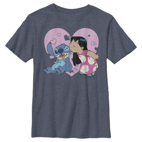 Boy's Lilo & Stitch Valentine's Day Kisses Graphic Tee Navy Blue Heather Small