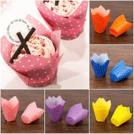 

Kaesi 50Pcs Cake Cup Dots Pattern Non-sticky Baking Tools Tulip Shape Colorful Cupcake Liner for Muffin