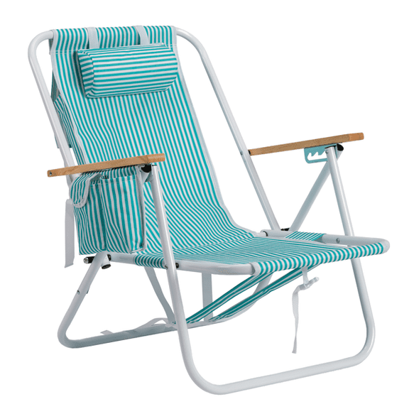 Alvantor 4-Position Backpack Beach Chair with Aluminum Frame, Wooden Armrests, Pillow and Pockets, Mint Stripe