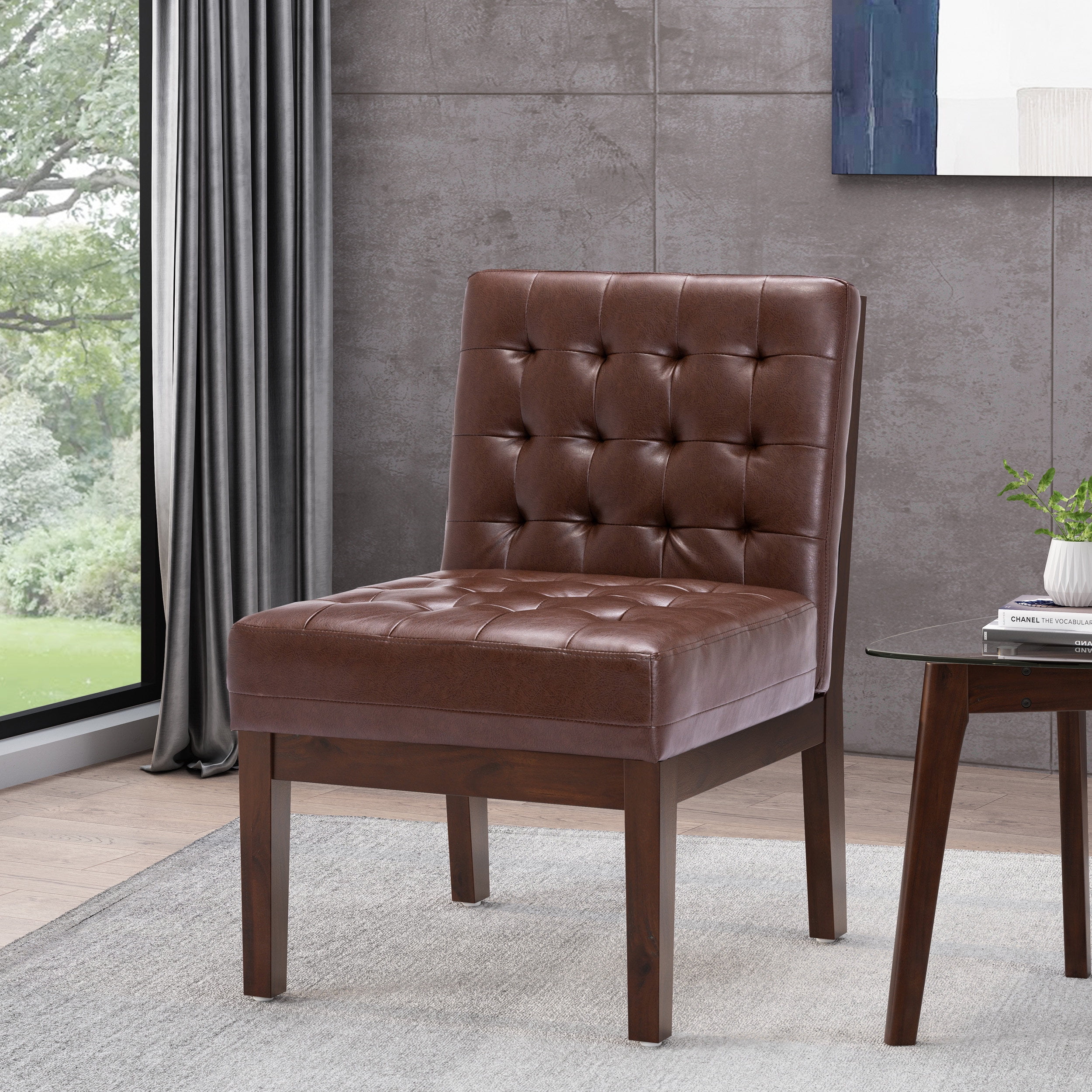 Noble House Voll Faux Leather Tufted Slipper Chair, Dark Brown