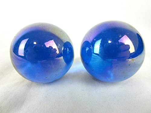 Big Game Toys Set of 2 LUSTERED Blue 35mm Boulder Iridescent Clear Metallic Large Shooter Solid Glass Marbles Home Decor/Vase Filler/Aquarium